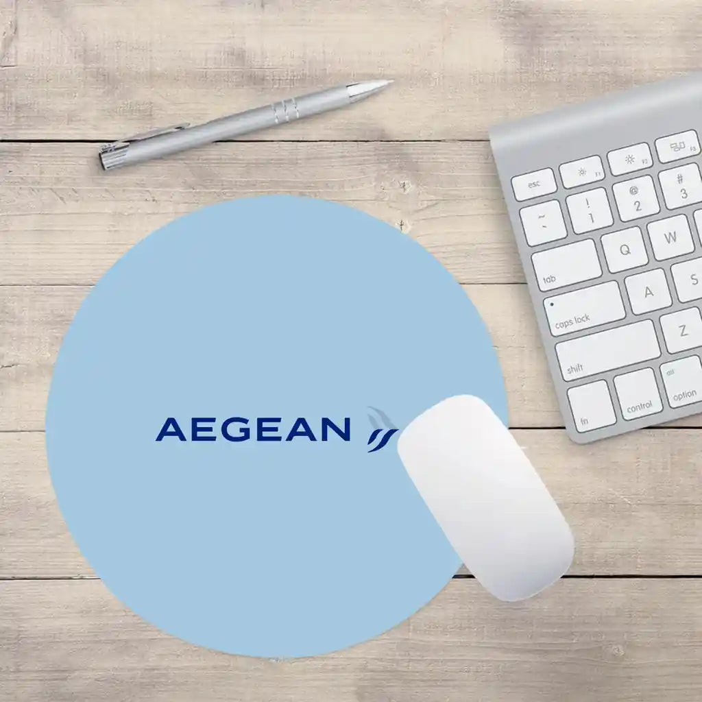 Aegean Airlines design on light blue round mouse pad