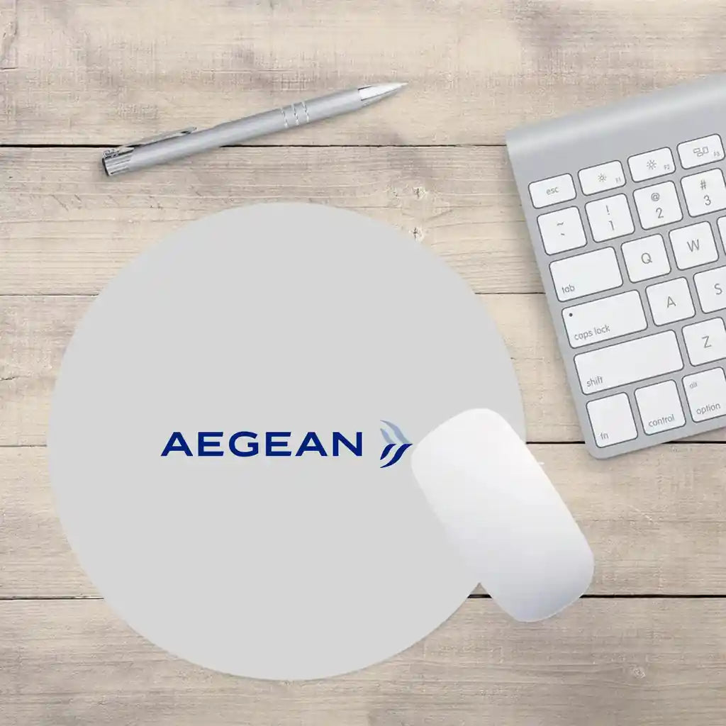 Aegean Airlines design on light gray round mouse pad