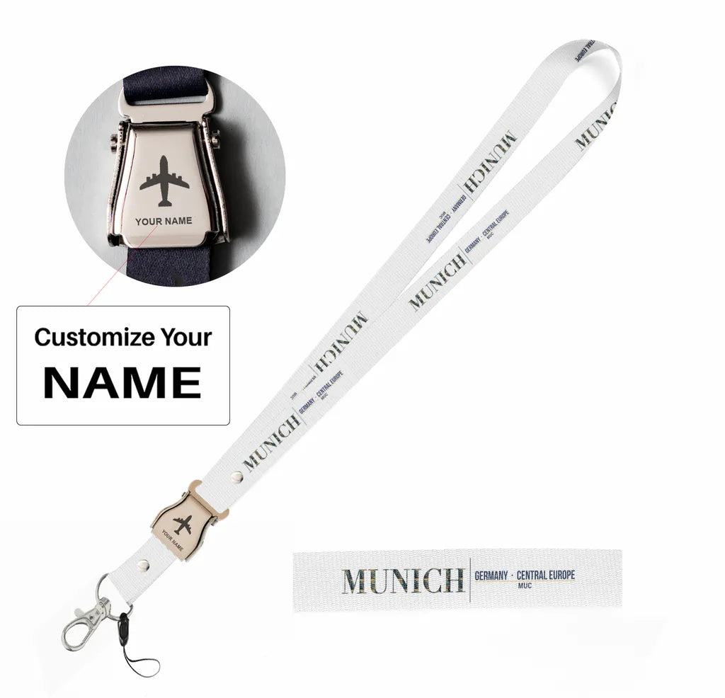 Munich City Series seat belt lanyard - white with name