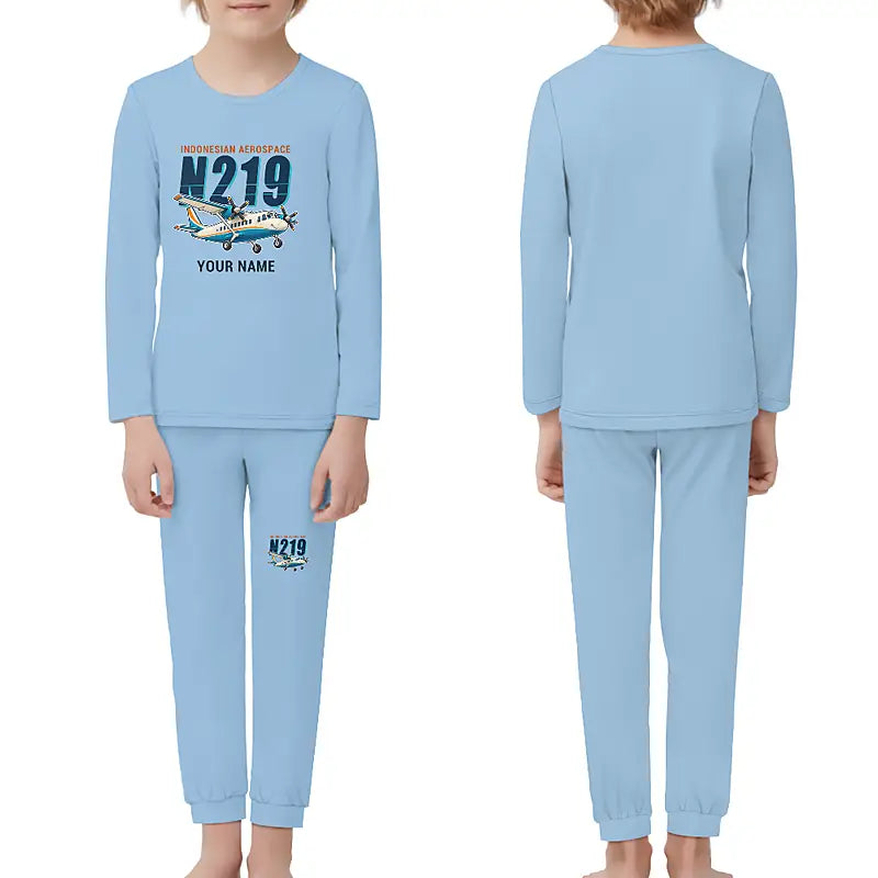 N219 Nurtanio - Children Pajamas - Cartoon Chest + Name - Light Blue