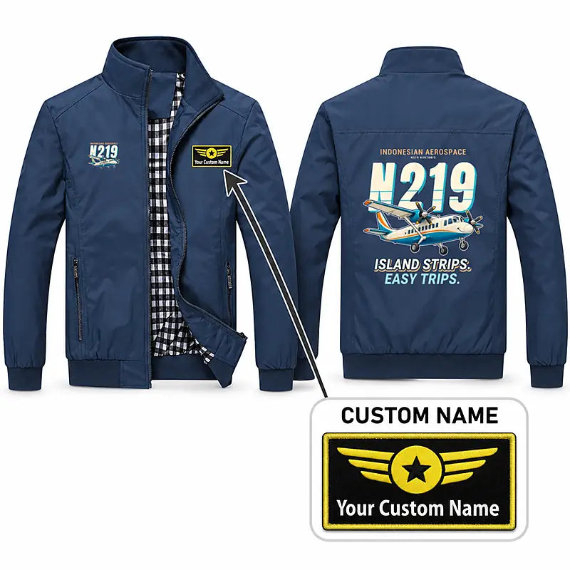 N219 Nurtanio Stylish Jackets - Stand Collar - Cartoon + Name - Navy Blue