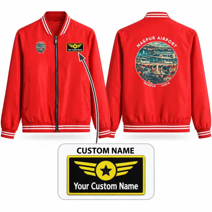 Dr. Babasaheb Ambedkar International Airport (NAG) Stylish Jackets - Baseball Collar - Badge + Name - Red