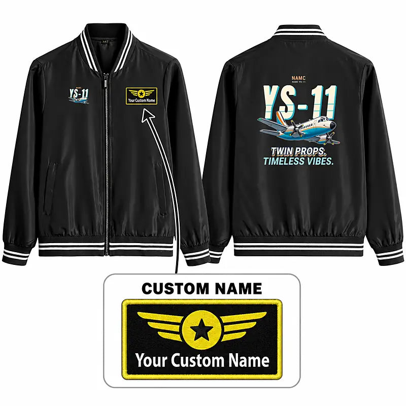 NAMC YS-11A Stylish Jackets - Baseball Collar - Cartoon + Name - Black