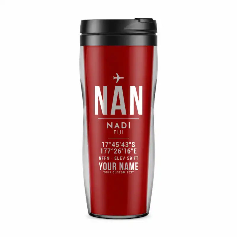 Nadi International Airport (NAN) Travel Mugs - ID Tag + Name - Plastic (No Holder) - Red