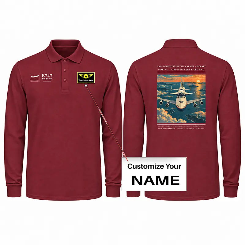 NASA Boeing 747 Shuttle Carrier Aircraft Premium Polo T-Shirts - Poster + Name - Long Sleeve - Dark Red