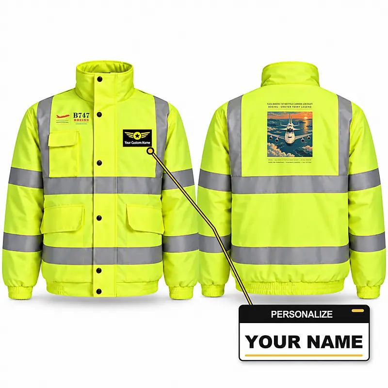 NASA Boeing 747 Shuttle Carrier Aircraft Reflective Winter Jackets - Poster + Name - Fluorescent Yellow