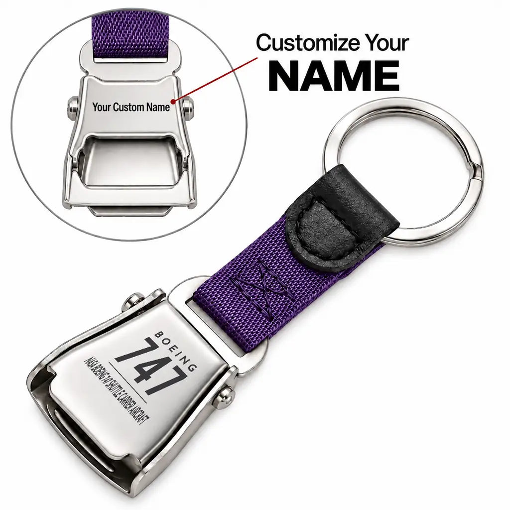 NASA Boeing 747 Shuttle Carrier Aircraft - Seat Belt Key Chain - Tag + Name - Purple