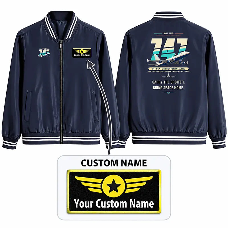 NASA Boeing 747 Shuttle Carrier Aircraft Stylish Jackets - Baseball Collar - Original + Name - Navy Blue