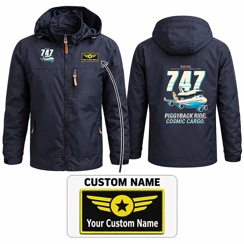 NASA Boeing 747 Shuttle Carrier Aircraft Stylish Jackets - Hooded Windbreaker - Cartoon + Name - Navy Blue