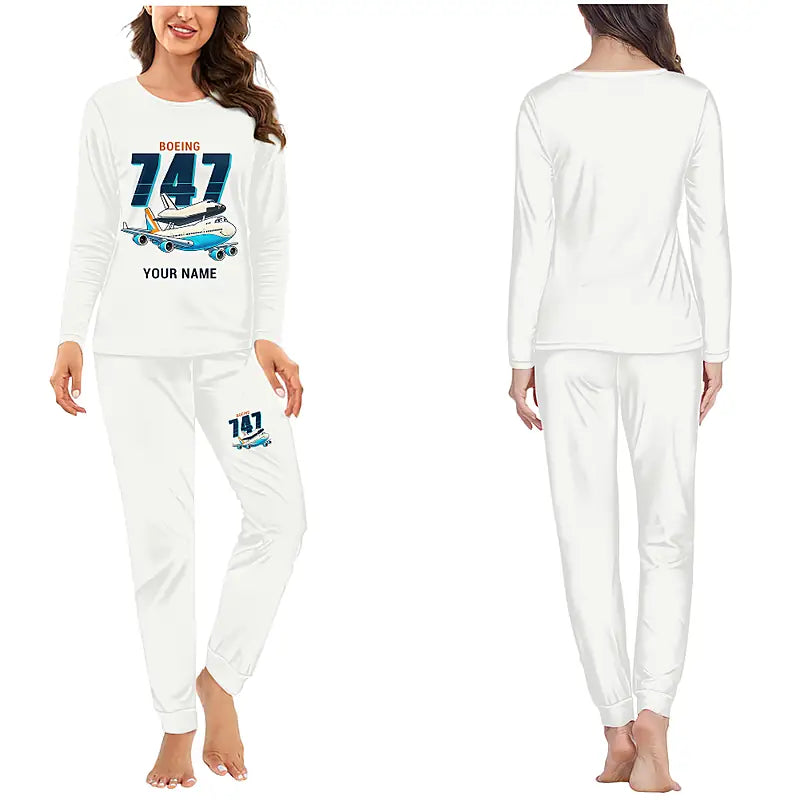 NASA Boeing 747 Shuttle Carrier Aircraft - Women Pajamas - Cartoon Chest + Name - White