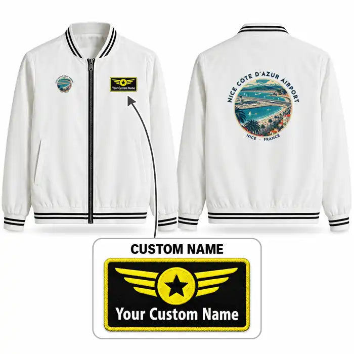 Nice Côte d’Azur Airport (NCE) Stylish Jackets - Baseball Collar - Badge + Name - White