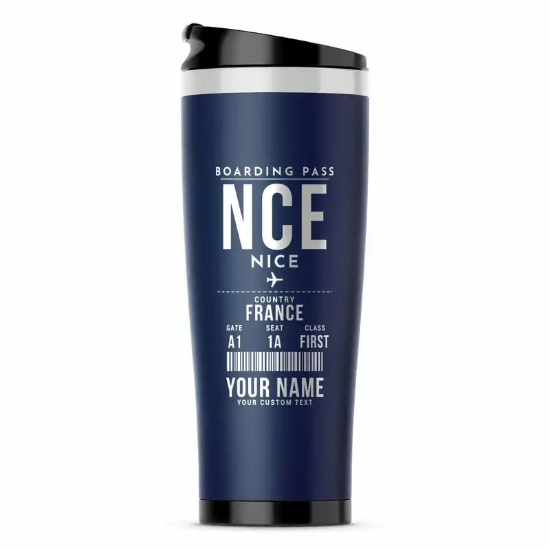 Nice Côte d’Azur Airport (NCE) Travel Mugs - Boarding Pass + Name - Stainless Steel (No Holder) - Dark Blue