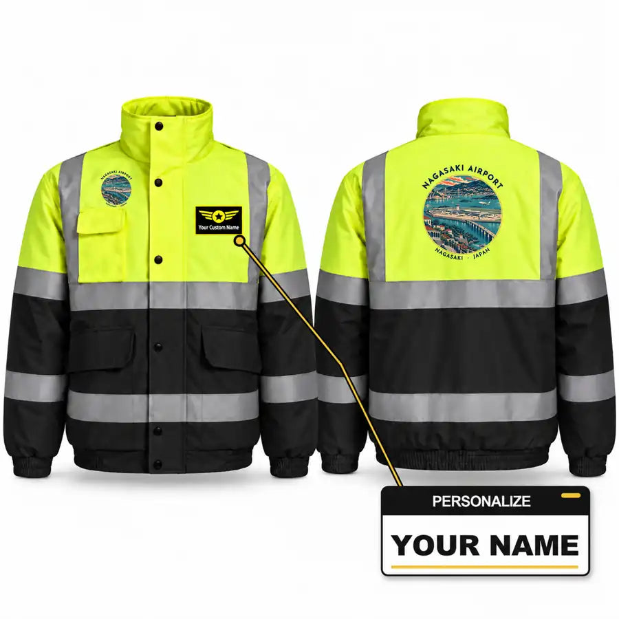 Nagasaki Airport (NGS) Reflective Winter Jackets - Badge + Name - Fluorescent Yellow & Navy