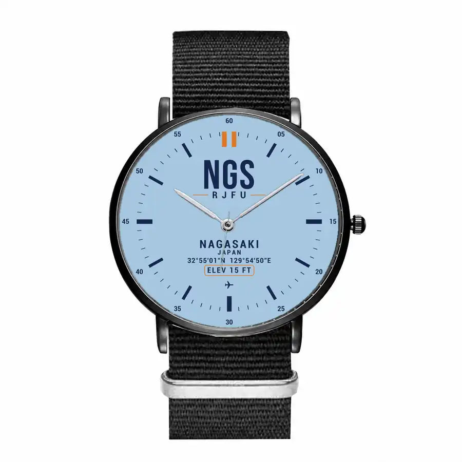 Nagasaki Airport (NGS) Aviator Watches - Classic - Light Blue - Slim Leather - Black & Black Nylon Strap