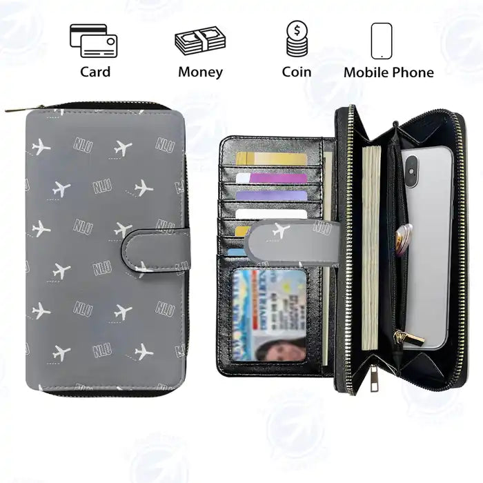 Felipe Ángeles International Airport Mexico City (NLU) Leather Wallets - Zip Long Wallet - Pattern - Gray