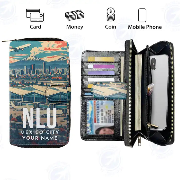Felipe Ángeles International Airport Mexico City (NLU) Leather Wallets - Zip Long Wallet - Scene + Name