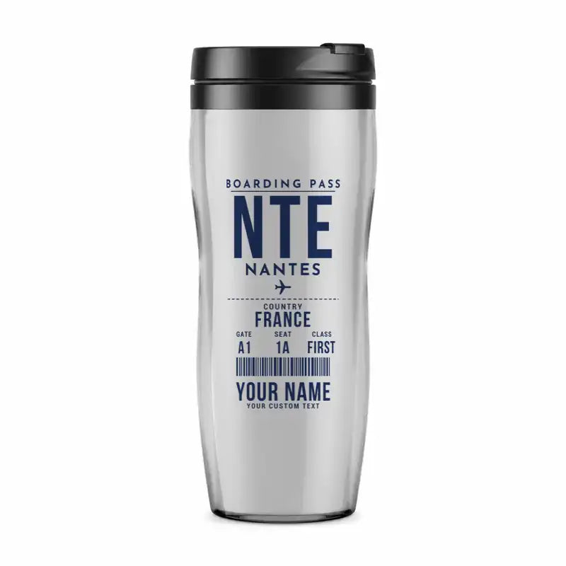Nantes Atlantique Airport (NTE) Travel Mugs - Boarding Pass + Name - Plastic (No Holder) - Light Gray