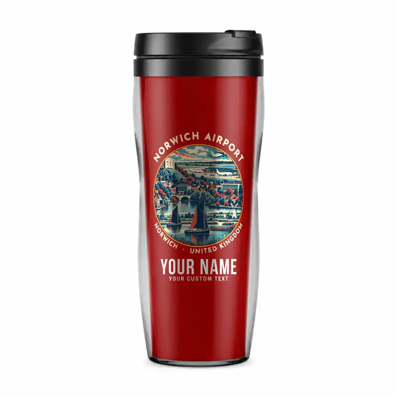 Norwich Airport (NWI) Travel Mugs - Badge + Name - Plastic (No Holder) - Red
