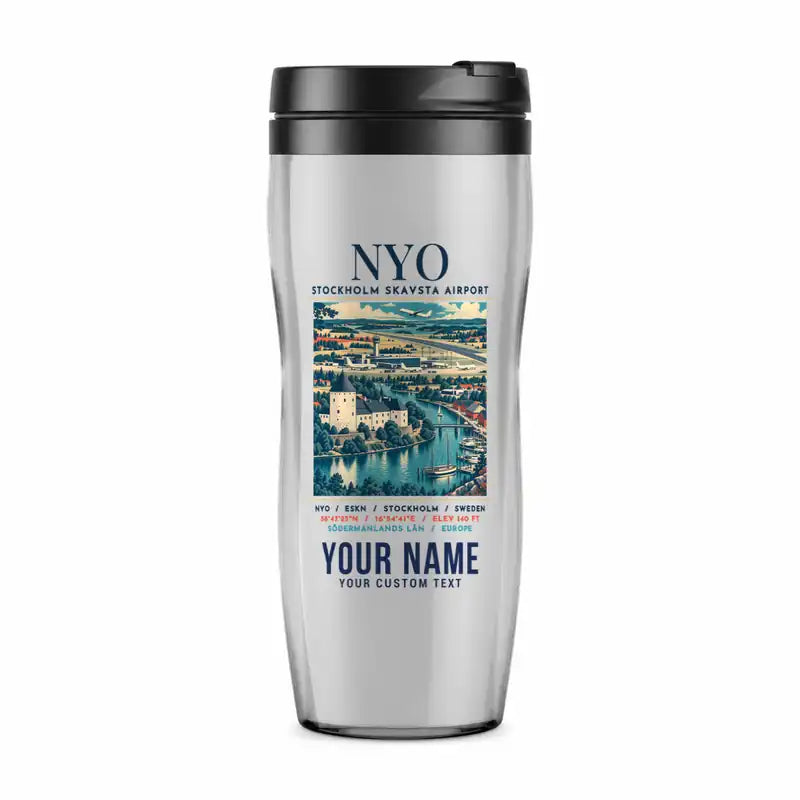 Stockholm Skavsta Airport (NYO) Travel Mugs - Poster + Name - Plastic (No Holder) - Light Gray