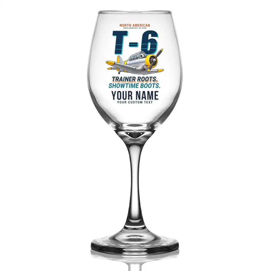 North American T-6G Texan - Cartoon + Name - Wine Glass