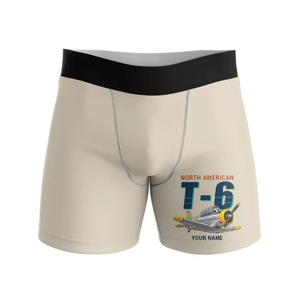 North American T-6G Texan - Men Boxers - Cartoon + Name - Beige