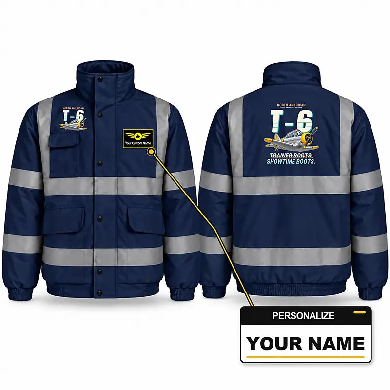 North American T-6G Texan Reflective Winter Jackets - Cartoon + Name - Navy Blue