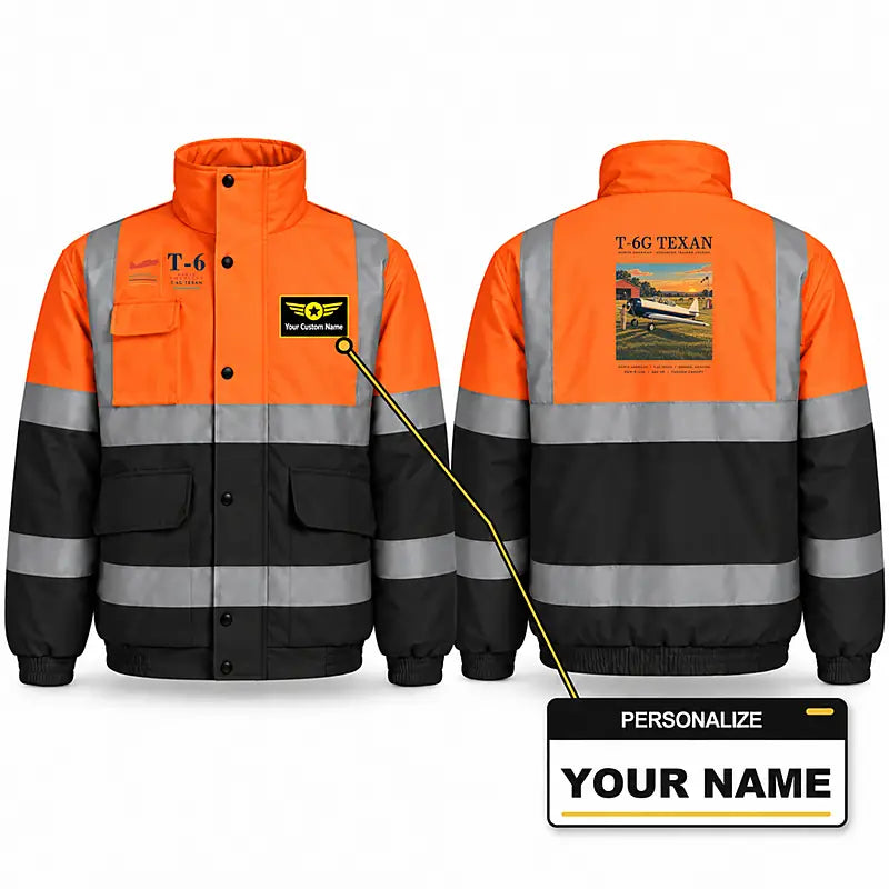 North American T-6G Texan Reflective Winter Jackets - Poster + Name - Orange & Navy