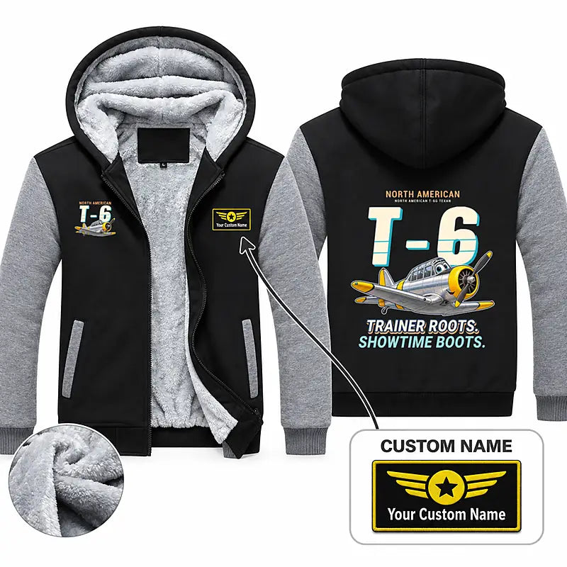 North American T-6G Texan Zipped Sweatshirts - Cartoon + Name - Black & Gray