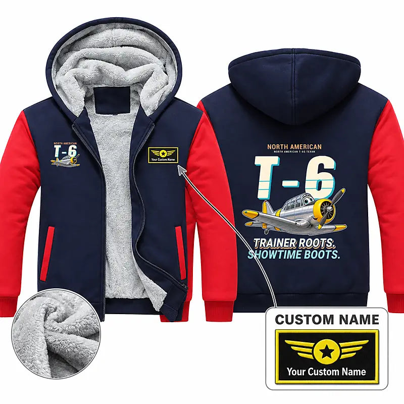 North American T-6G Texan Zipped Sweatshirts - Cartoon + Name - Navy & Red
