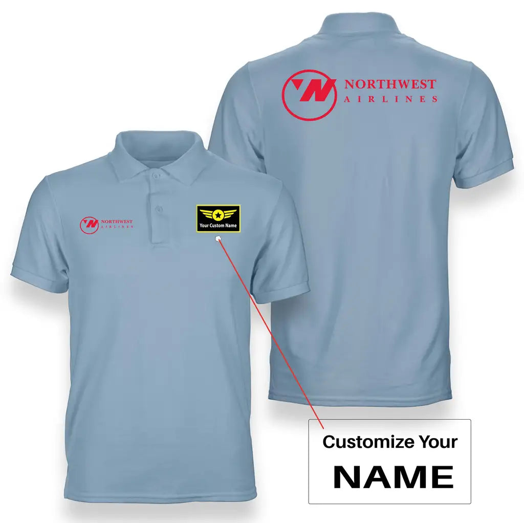 Northwest Airlines (OLD) logo on light blue + name double side polo t shirt