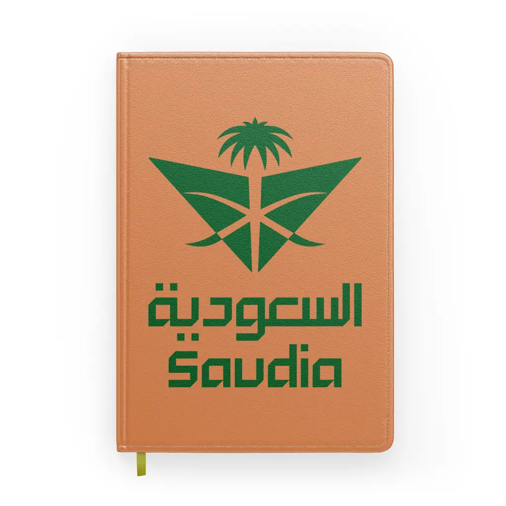 Saudi Arabian Airlines design on orange notebook