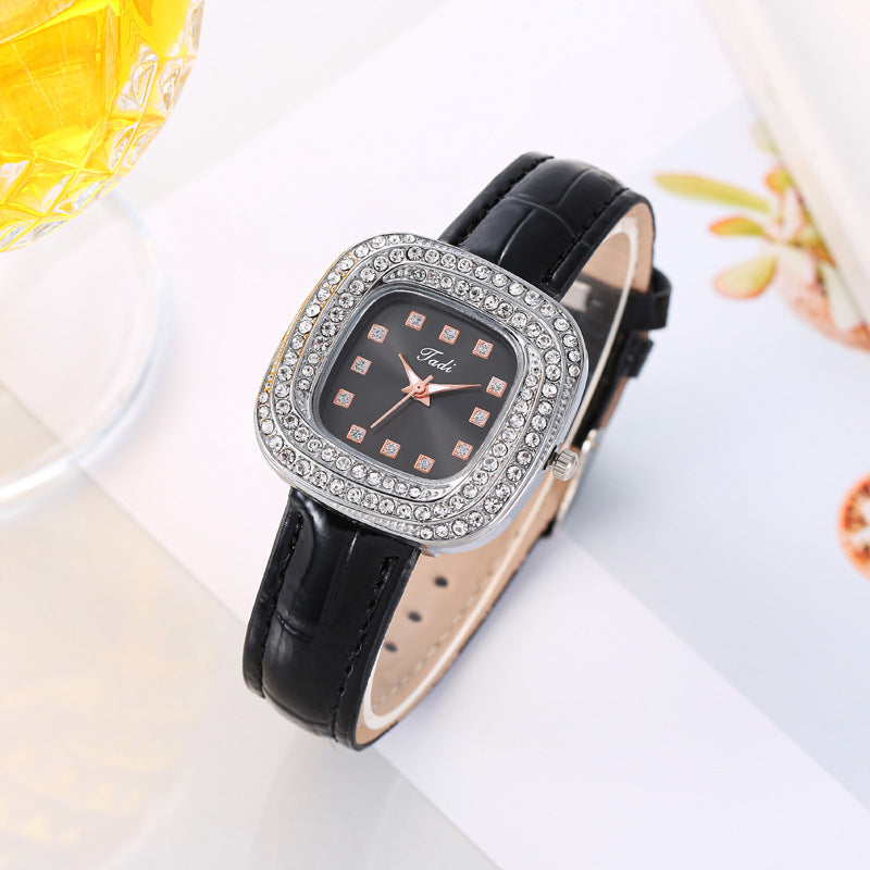Fashionable Minimalist Ladies' Square Quartz Watch Full Sky Star Leather Strap Black Business Style Women's Wristwatch