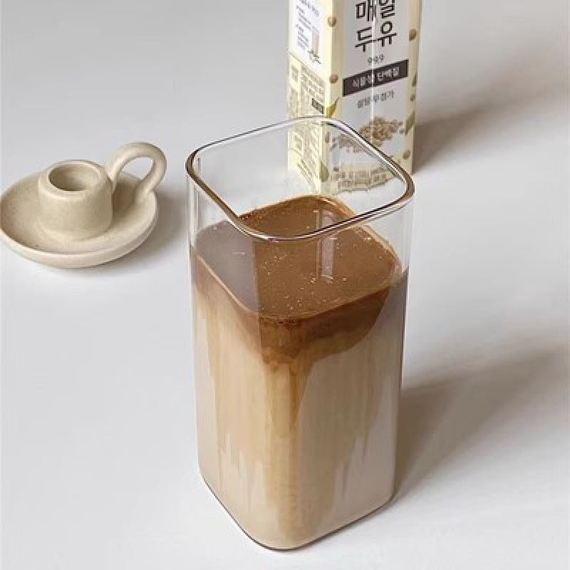 Square Heat Resistant Coffee Glass Cup With Lid and Straw Transparent