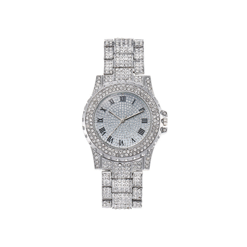 Fashionable Ladies Quartz Watch Set with Diamonds Roman Dial round Versatile Watch