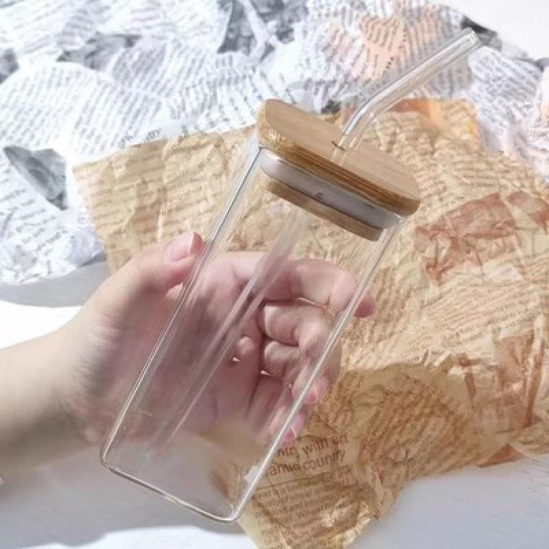 Square Heat Resistant Coffee Glass Cup With Lid and Straw Transparent