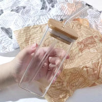 Thumbnail for Square Heat Resistant Coffee Glass Cup With Lid and Straw Transparent