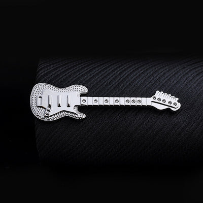 Side view of Copper Silver Guitar Shaped aviation tie clip in stainless steel, polished finish.