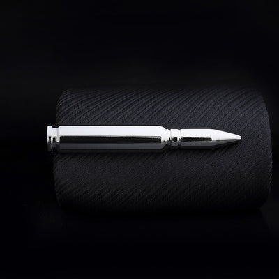 Side view of Copper Silver Bullet Shaped aviation tie clip in stainless steel, polished finish.