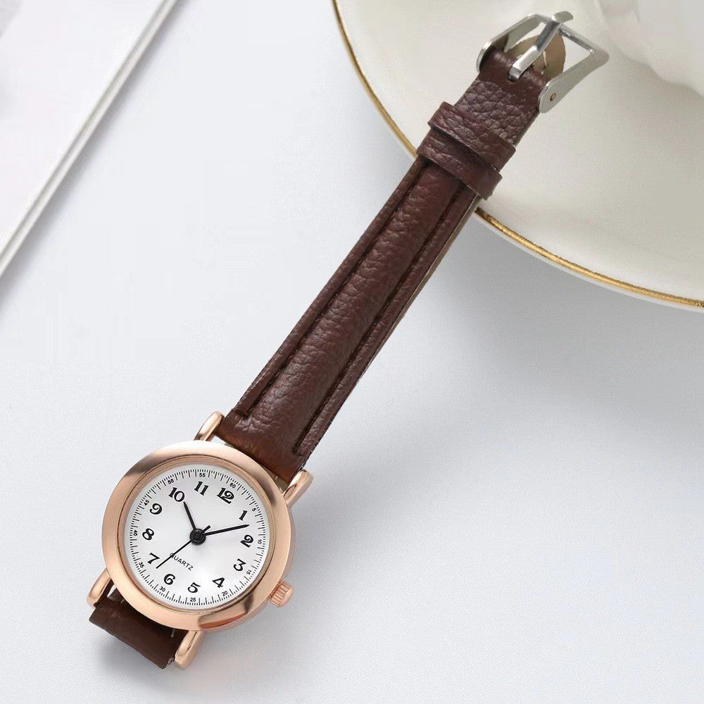 Small Strap Dial Watch Women Exquisite Retro Leather Quartz Wirstwatch