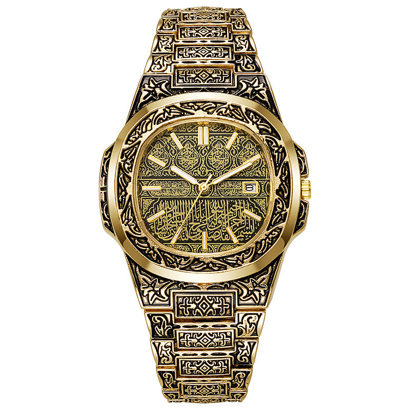 Vintage Relief Steel Men Watch Calendar Quartz Wristwatch