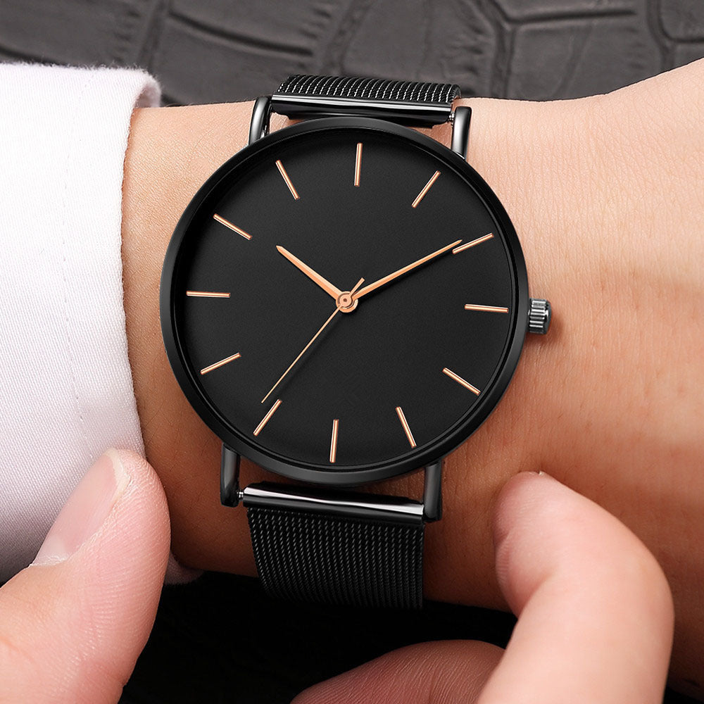 Fashion Leisure Simple Ultra Thin Creative Black Stainless Steel Quartz Watches Business Wristwatch Clock