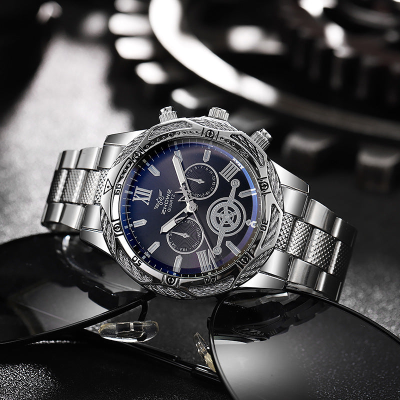 Men's Casual Alloy Watch Blue Light Glass Fake Three Eyes Quartz Wristwatch