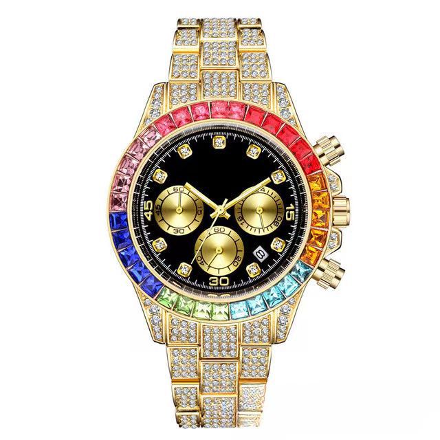 Fashionable Hip Hop Steel Belt Calendar Quartz Watch Business Diamond Embedded Large Gold Watch Three Eyes Bracelet Steel Belt