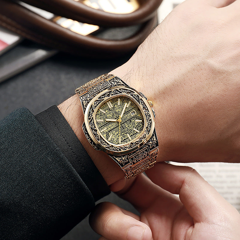 Vintage Relief Steel Men Watch Calendar Quartz Wristwatch