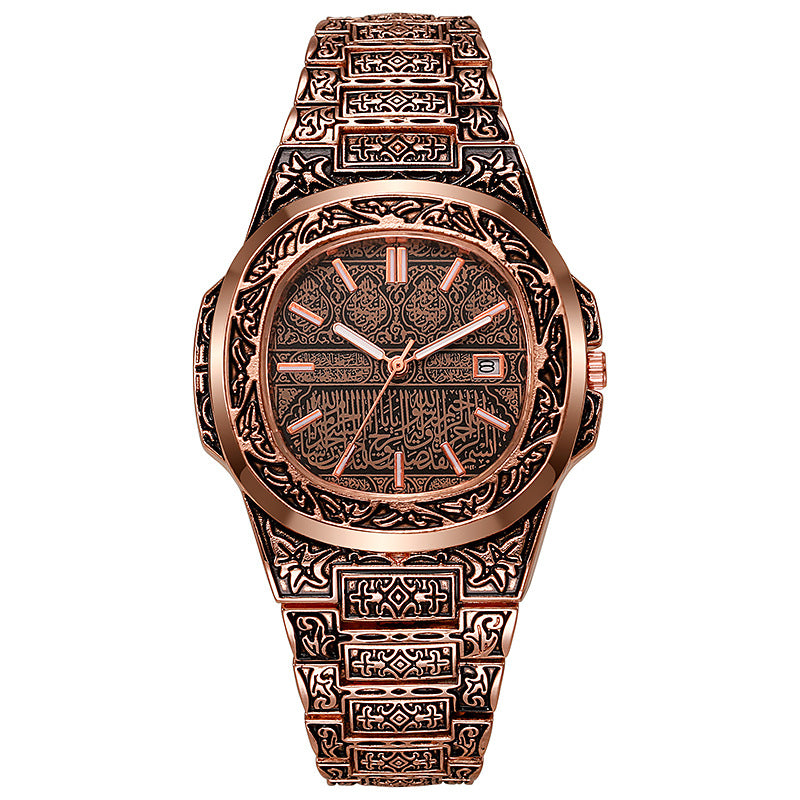 Vintage Relief Steel Men Watch Calendar Quartz Wristwatch