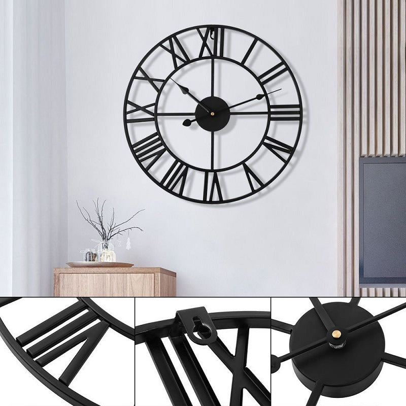 Modern 3D Retro Black Iron Hollow Wall Roman Numerals Clock