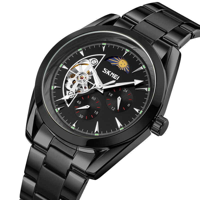Fully Automatic Mechanical Moon Phase Hollow Bottom Waterproof Watch