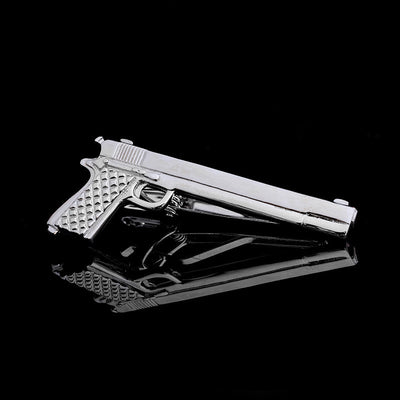 Copper Silver Pistol Shaped aviation tie clip, stainless steel body with engraved detail.