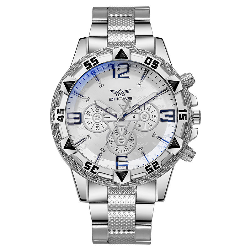 Luxury Quartz Watch Classic Business Men Wristwatch Large Dial Alloy Steel Strip Blue Light Men's Quartz Watch