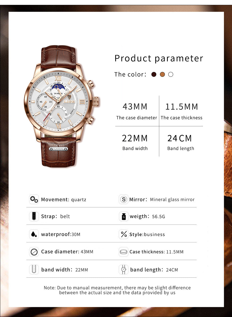 Top Brand Luxury Brown Leather Casual Quartz Watch Men
